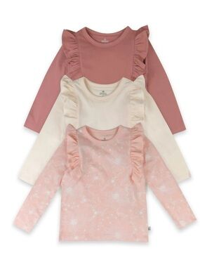 3-Pack Girls Long Sleeve Ruffle Tops - Pink, Cream, Dusty Rose